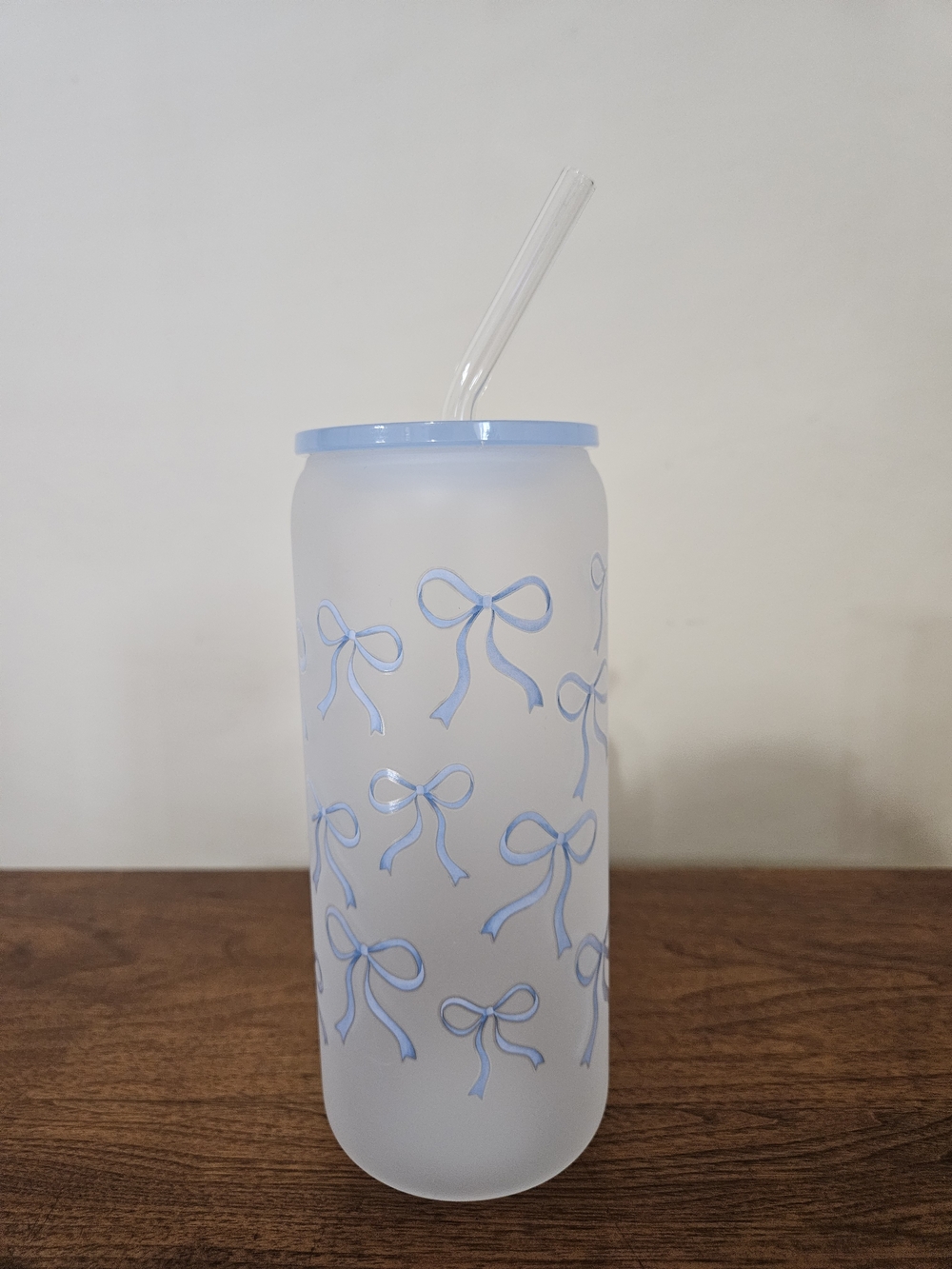 Frosted Glass Tumbler with Blue Bow Design and Straw